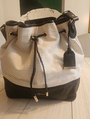 Cole Haan Black and White Perforated Drawstring Hobo
